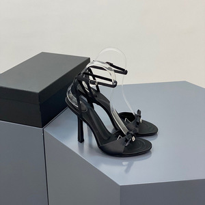 Sandalias de tacón alto con punta abierta de cuero genuino negro con lazo y correa en el tobillo, zapatos de moda para mujer, envío directo - Product Image 2
