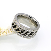 Vente chaude Mode En Acier Inoxydable Double Rangée Diamant Chaîne Anneau Classique 10mm 18K Plaqué Or Couple Bague De Fiançailles Bijoux