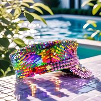 Chapeaux de Capitaine Personnalisés en Gros avec Paillettes Arc-en-ciel, 3 MOQ, Rose, Argent, Strass Pointus, pour Festivals et Fêtes, pour Femmes