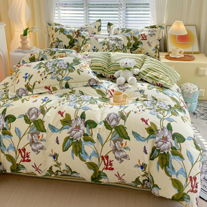 Reversible Duvet Cover Set Durable Floral 100% Cotton <strong>Green</strong> and Beige <strong>Striped</strong> Shabby Flower <strong>Bedding</strong> Soft with Zipper - Product Image 1