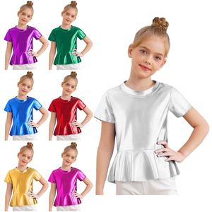 Costume de danse jazz pour filles de 2 à 14 ans, hauts métalliques brillants, t-shirt pour compétitions, tenue décontractée quotidienne - Product Image 1
