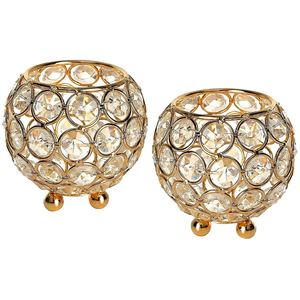 Ensemble de 2 porte-bougies en cristal doré de luxe, porte-bougies votifs ronds en métal avec perles de cristal taillées en diamant pour mariage - Product Image 1