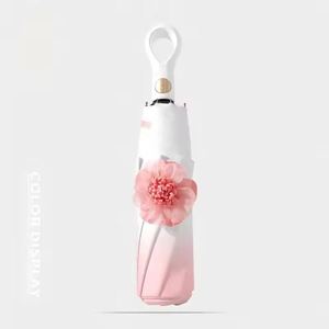Paraguas de Viaje con Protección UV de Apertura y Cierre Automático, Diseño de Flores en Degradado, Resistente al Viento, Plegable en Tres Secciones, Sombrilla para Sol y Lluvia - Product Image 1
