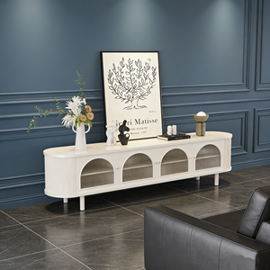 Meuble TV moderne blanc <span class=keywords><strong>2026</strong></span> avec portes en verre cintrées, <span class=keywords><strong>console</strong></span> multimédia style crème français pour salon, tables TV - Product Image 2