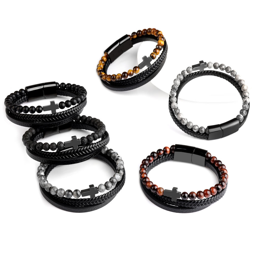 Layer Genuine Leather Natural Beads Bangle Hematite Cross Stainless Steel  Clasp Fashion Bracelet