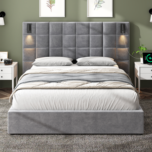 Cadre de lit capitonné réglable de luxe moderne taille Queen avec tête de lit en velours, port USB, applique murale lumineuse, cadre en bois de chêne - Product Image 4