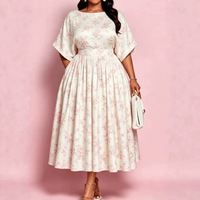 Robe midi grande taille à imprimé floral pour femme, col bateau, manches chauve-souris, taille haute, fluide et plissée, coupe trapèze, Sehe Fashion