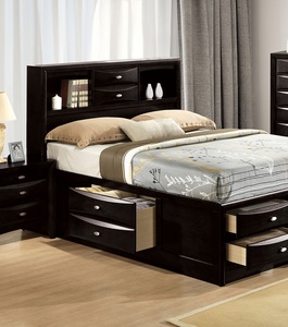 <b>Queen</b> <b>Size</b> Adjustable Convertible Modern Soft <b>Bed</b> 2x Nightstands Headboard Bookcase Black Color 3pc Set Bedroom Furniture - Product Image 4