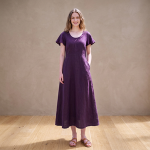 Robe midi vintage en lin biologique à nouer dans le dos, manches cloche, coupe trapèze avec poches à nœud, grandes tailles - Product Image 3