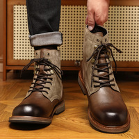 Bottes de sécurité en cuir rétro pour hommes, noires, respirantes, imperméables, avec semelles en caoutchouc souples et confortables, design à semelle épaisse et montante