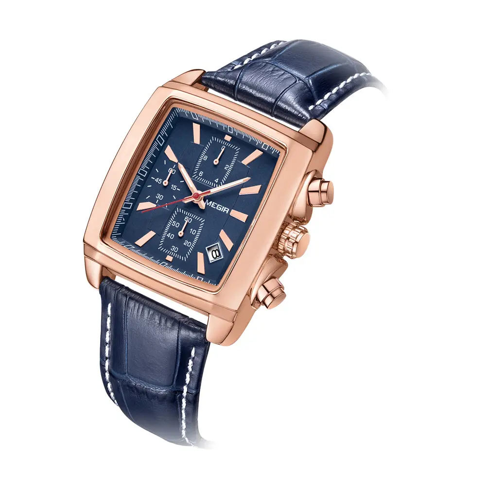 MEGIR 2028 Fashion Rectangle Luxury Chronograph Rose gold Square Quartz Watches for Men