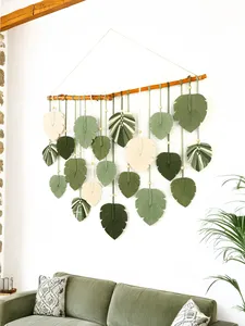 Ensemble cadeau d'affaires : Grande <span class=keywords><strong>tapisserie</strong></span> murale en macramé en coton, motif feuille de Monstera Art Déco, thème jungle, vert naturel, art de la nature morte, décoration de salon - Product Image 6