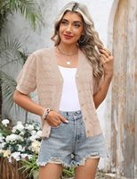 Cardigan léger en mohair pour femme IECCP, à manches courtes bouffantes, ouvert sur le devant, respirant, avec boutons, col halter, dentelle, tricot unisexe pour l'été