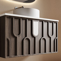 Meuble-lavabo flottant moderne en bois de noyer sculpté avec miroir ovale rétroéclairé par LED