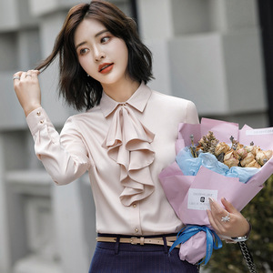 White Ruffle Front Shirt Women Polyester Solid Color Anti-Wrinkle Workwear Spring Autumn Professional Office Wear - Product Image 3