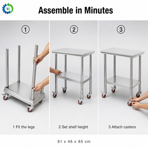 Plan de travail professionnel en acier inoxydable double couche pour chefs, avec roulettes réglables de qualité commerciale - Product Image 3