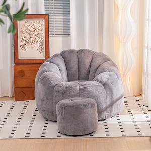 Modern Round Tufted <b>Bean</b> <b>Bag</b> Sofa Chair with Matching Ottoman in Gray Microfiber Fabric Extra Soft One Seat Design - Product Image 3