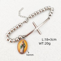 Bracelet en acier inoxydable avec perles de chapelet et médaille sainte imprimée, souvenir religieux catholique pour baptême