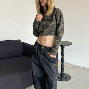 Sudadera con Capucha Corta de Camuflaje para Mujer, de Alta Calidad, Personalizada por KingSen, con Cremallera, de Algodón, Felpa Francesa, Capucha de Piel, Logotipo Bordado en 3D en la Parte Delantera - Product Image 3