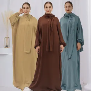 New Hot Middle East Dubai Turkey Hooded Robe One Piece Scarf Hijab Dress Abaya Ice Silk Crepe Muslim Women Prayer Clothing Veil