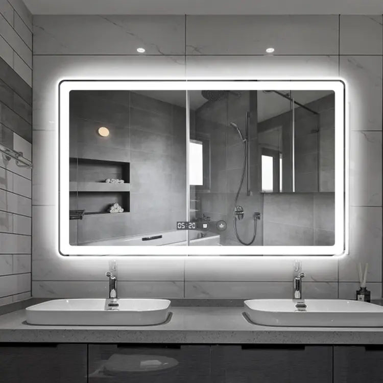 Espelho retangular inteligente do banheiro, grande iluminação do tela do toque do hotel