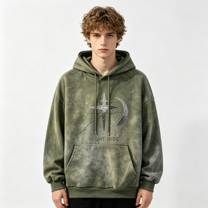 Felpa con Cappuccio Streetwear Dirty Spray da Uomo, Effetto Vintage, Stampa Grafica <span class=keywords><strong>Notte</strong></span> Stellata con Luna e Strass, Pullover, Vendita Diretta dalla Fabbrica - Product Image 2