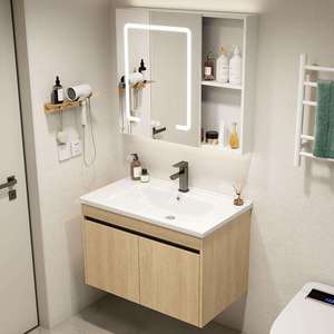 Meuble-lavabo mural en bois naturel personnalisé avec vasque en céramique et armoire miroir LED intelligente anti-buée avec étagère ouverte - Product Image 1