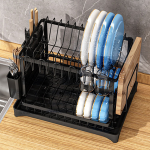 Scolapiatti a 2 livelli in acciaio al carbonio resistente con vassoio raccogligocce, organizer per piatti da cucina, portaoggetti per stoviglie - Product Image 4