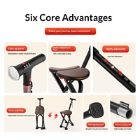 Canne de marche pour personnes âgées avec siège, 4 pieds antidérapants, pliable, chaise de marche réglable en hauteur, lumière LED, alarme SOS, bâton de marche pour personnes âgées