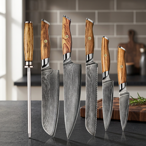 Nouvel ensemble de couteaux de cuisine Thewizcrafts 5 pièces, design moderne, ambidextre, en acier Damas et acier au carbone, finition haute brillance - Product Image 2