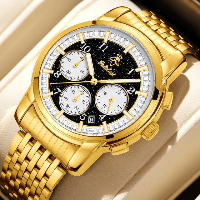 Men's Luxury Multifunction Chronograph Quartz Watch with Diamond-Accent Bezel 41mm Pointer Display 10M Waterproof