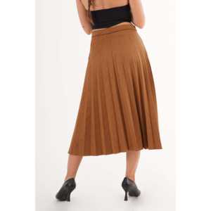 Jupe longue plissée taille haute en similicuir beige pour femme, tissu doux - Product Image 2