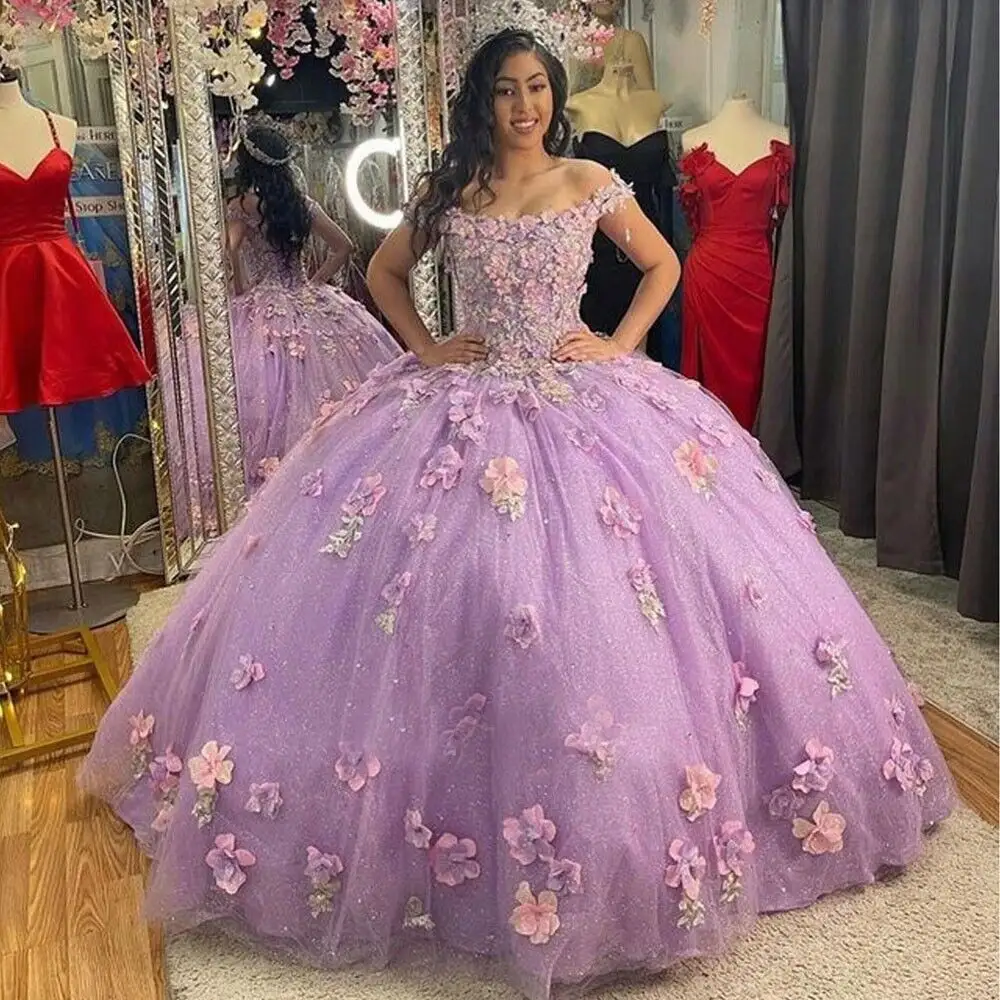 3D Flowers Glitter Lilac Tulle Quinceanera Dresses Off Shoulder Appliques Ball Gown Custom Made Sweet 15 Gowns