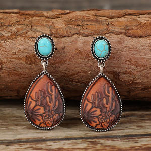 Vintage Western 2,3*5,3 cm Gravur Kaktus Wasser tropfen Leder Ohrringe Spleiß Runde Türkis Ohr stecker für Frauen Geschenk - Product Image 3