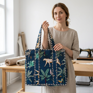 Sac fourre-tout indien en coton matelassé fait main, imprimé en blocs, mode féminine, réversible, grand sac de shopping - Product Image 2