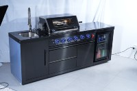 Cuisine mobile professionnelle, fabrication directe en usine, barbecue extérieur robuste à 4 brûleurs, noir, SUS304, cuisine extérieure avec réfrigérateur