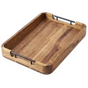 Bandeja de Servir Moderna de Madera Natural, Rectangular, Hecha a Mano, con Asas de Metal Negro - Product Image 1