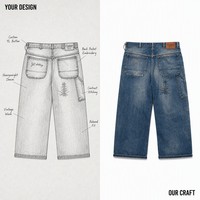Jean ample d'hiver pour homme Custom Boro 14oz, bleu moyen, délavage vintage, coupe large, poches de charpentier, effet délavé, OEM