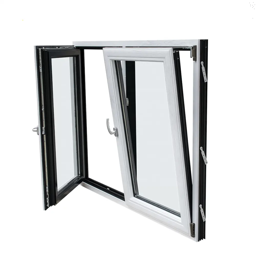 Desain sederhana miring aluminium hitam dan putar jendela profil aluminium kaca ganda jendela