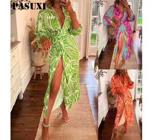 PASUXI Sexy Tie-Up Wrap Split Robe Party Dress Women Elegant Colorful Print Beach Lady Fashion Long Sleeve Lapel Shirt Dress
