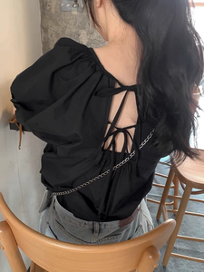 Chemisier <span class=keywords><strong>noir</strong></span> à nouer pour <span class=keywords><strong>femme</strong></span> <span class=keywords><strong>Top</strong></span> à manches bouffantes T-Shirt décontracté et <span class=keywords><strong>chic</strong></span> Summer Loose Fit Cute Boho Style Streetwear - Product Image 3