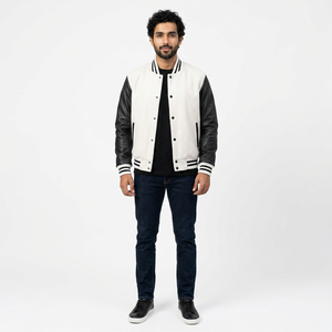 Classic 100% Cotton Stand Collar Varsity <b>Jacket</b> Genuine <b>Leather</b> Sleeves for <b>Men</b> Warm Winter College Style Outerwear Front Logo - Product Image 1
