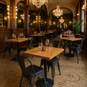 Silla de comedor de metal industrial estilo Bistro Lix con asiento de cuero negro | Vintage Factory Home Furniture 2 años de garantía - Product Image 2