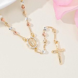 Collares <span class=keywords><strong>de</strong></span> Calidad con Circonita en Forma <span class=keywords><strong>de</strong></span> Y <span class=keywords><strong>de</strong></span> la <span class=keywords><strong>Virgen</strong></span> <span class=keywords><strong>de</strong></span> <span class=keywords><strong>Guadalupe</strong></span>, Cuentas <span class=keywords><strong>de</strong></span> Oración Tricolores, Diseño Religioso, Chapado en Oro - Product Image 1