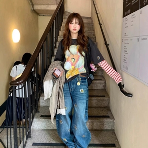 Pantaloni in Denim Sbiadito a Gamba Intera in Cotone, Stile <span class=keywords><strong>Cargo</strong></span> Largo da <span class=keywords><strong>Donna</strong></span> per lo Street Style - Product Image 3