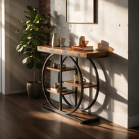Table console en bois avec 3 étagères, structure ronde en métal, étagère de rangement, design horizontal sans dossier, autoportante