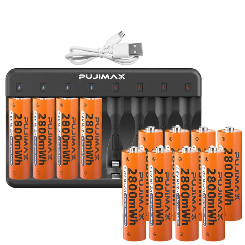 PUJIMAX 8 슬롯 1.6V AA AAA 충전식 배터리 충전기 LCD 스마트 USB Ni-Zn 배터리 충전기 (12PCS 2800mWh NiZn 배터리)