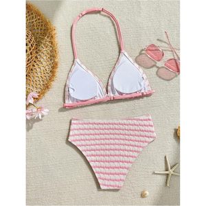 Ensemble de bikini smocké rayé rose pour fille FOXA, maillot de bain deux pièces dos nu, tissu extensible, vêtements de plage - Product Image 2