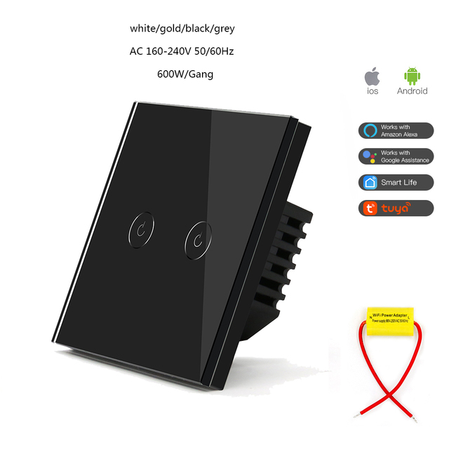 ABUK 2 Gang 600W Black Smart Switch Wifi Alexa Home Tuya Ewelink Wall Smart Wifi Touch Light Switch