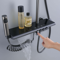 Ensemble de douche mural thermostatique carré en laiton brossé gris anthracite avec jets doux et modes de pulvérisation pluie pour salle de bain